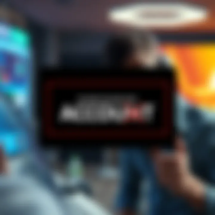 A screenshot of a blocked account message from an online betting platform, with a distressed player in the background looking concerned.