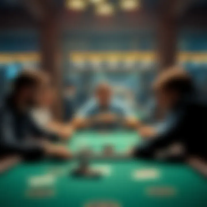 A player confidently bluffs at a card table, surrounded by focused opponents.