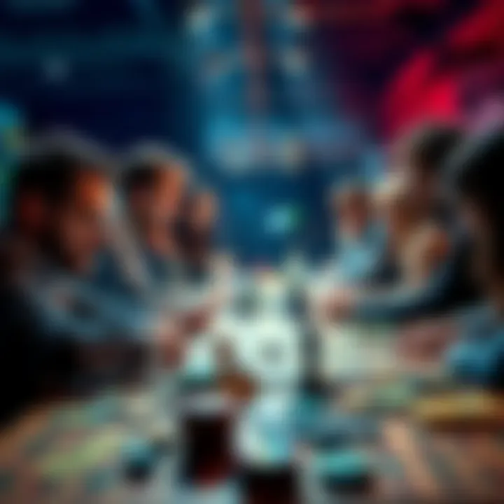 People discussing game strategies around a table with various board games and cards