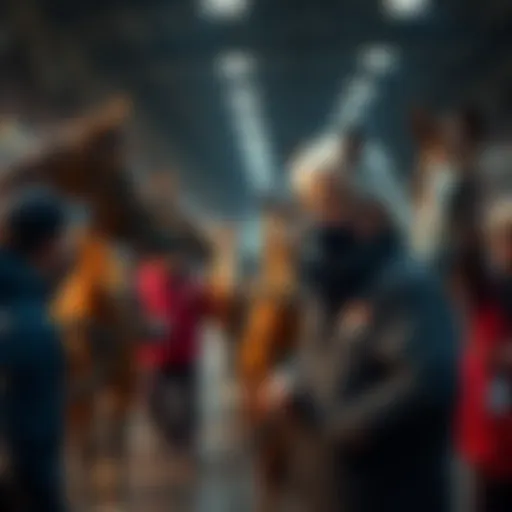 Bob Baffert in a horse racing setting, surrounded by racing horses and discussing with staff
