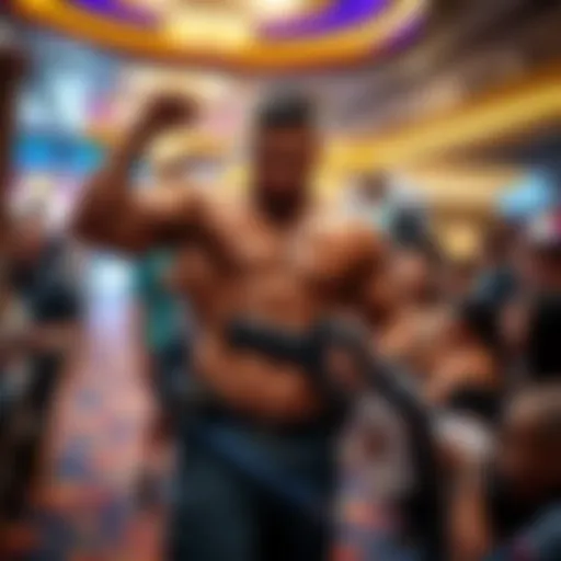 A bodybuilding streamer is being escorted out of a casino after winning at poker, with a concerned crowd watching.