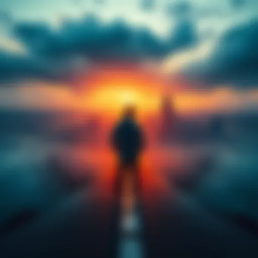 A person standing at a crossroads, contemplating a bold decision with a city skyline in the background.