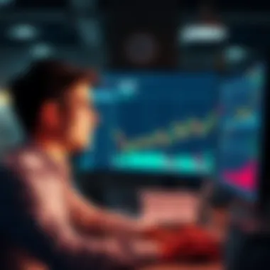 Individual considering how to make bonus deposits, looking at a computer with financial graphics on the screen
