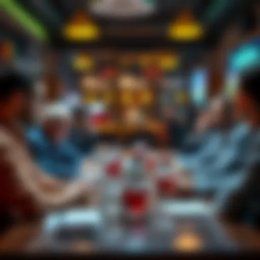 A group of people discussing bonuses after cashing out bets at a table with drinks and notes