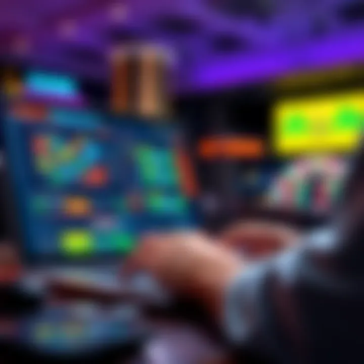 A person checking online casino bonus codes on a laptop with colorful graphics on the screen