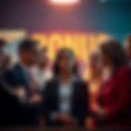 A group of people discussing the pros and cons of bonuses, with expressions of concern and contemplation.