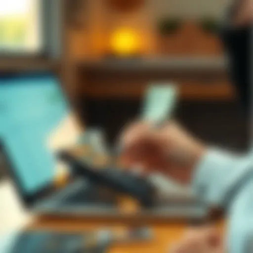 A person calculating a cash bonus offer using a calculator and looking at deposit conditions on a laptop screen.
