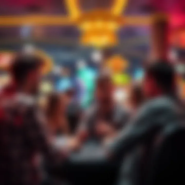 A group of players discussing bonuses and strategies in a lively casino setting with gaming machines in the background.