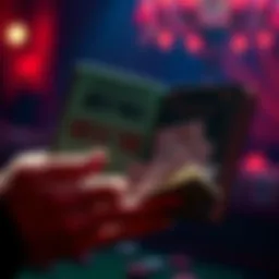 A player holds a book filled with Joker's Wild Poker scratch cards, excited to scratch them off, showing the cards partially revealed.