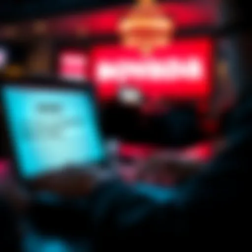 A person looking at bonus terms on a Bovada website on a laptop, focusing on the 100% bonus and 25x wagering requirement.