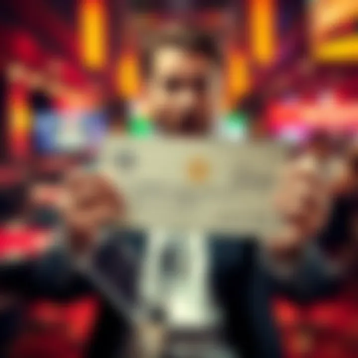 A person holding a check representing a Bovada compensation for $14,800 with a surprised expression