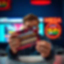 A person looking frustrated while holding a Bovada Mega Scratch Card, showing low winnings and no bonuses, with a computer screen displaying the website in the background.