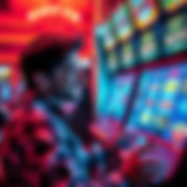 A person excitedly playing slots at Bovada with low bets, looking at the spinning reels on the screen, hoping for a jackpot win.