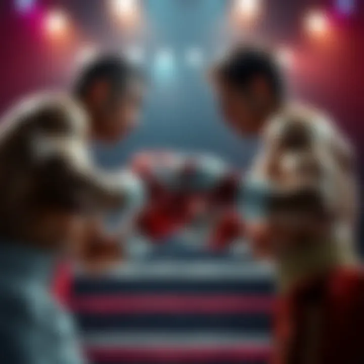 Two boxers in a ring, focused and ready to fight, showcasing their stances and determination.