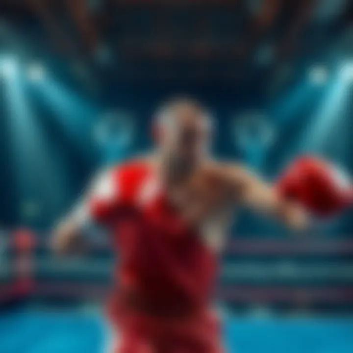 Boxing Match Betting Strategies A fighter in the ring with betting odds displayed, representing strategies for betting on rounds or the winner