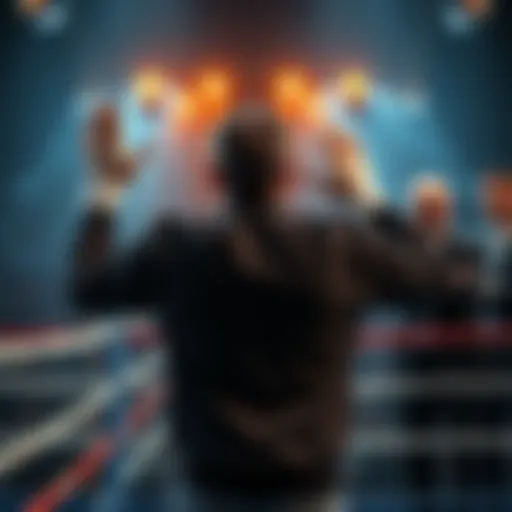 A boxing referee holding up his hands to signal a technical decision while judges look on