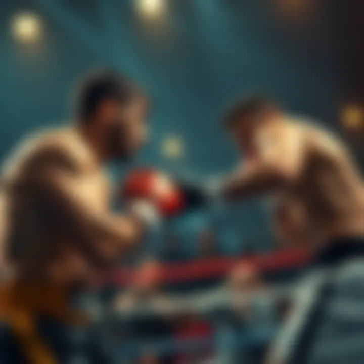 A tense moment in a boxing match where Roman faces an opponent, crowd reacting in the background, capturing the atmosphere of skepticism about the match's authenticity.