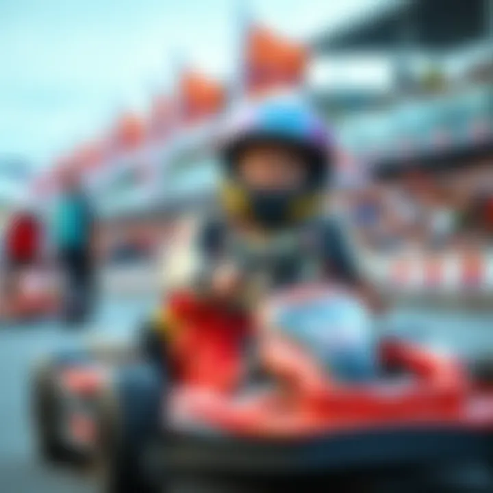 A young boy in a racing suit excitedly driving his go-kart during his first race, with a cheering crowd in the background.
