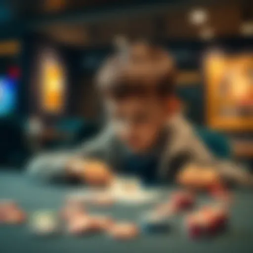 A young boy sitting at a game table, excitedly looking at the cards in front of him, with colorful chips scattered around.