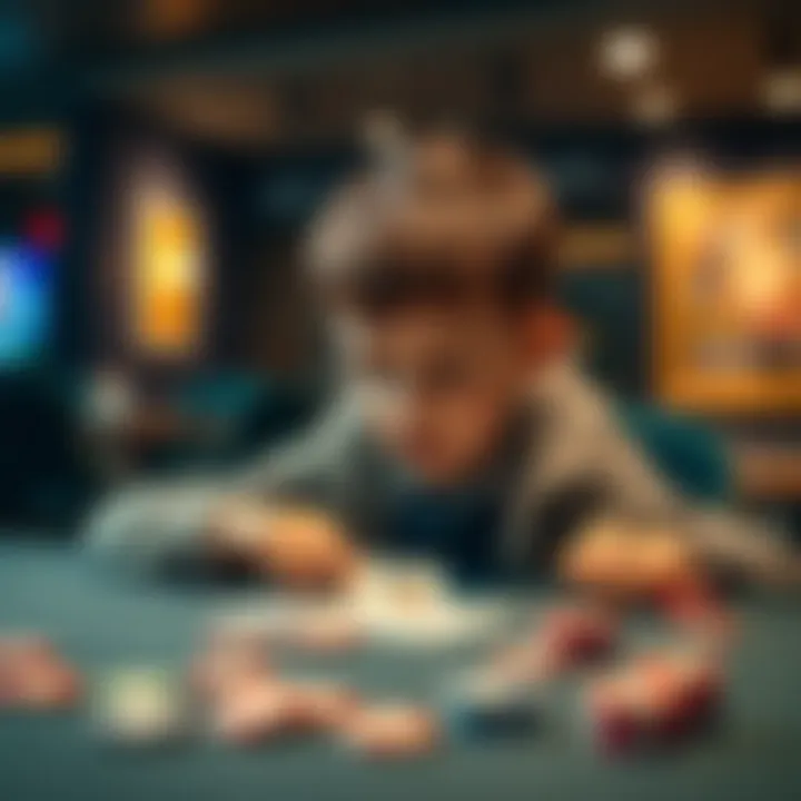 A young boy sitting at a game table, excitedly looking at the cards in front of him, with colorful chips scattered around.