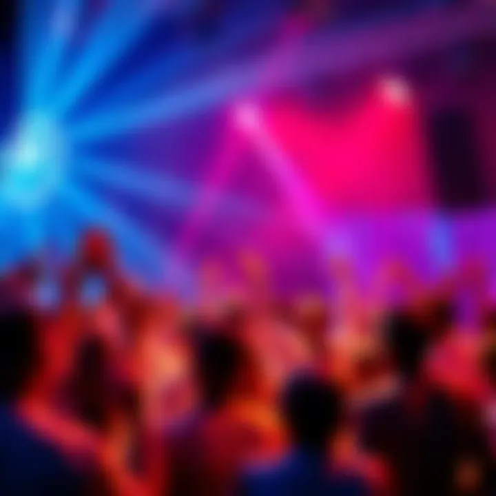 A lively party scene with people dancing and enjoying music, showcasing a festive atmosphere with colorful lights.