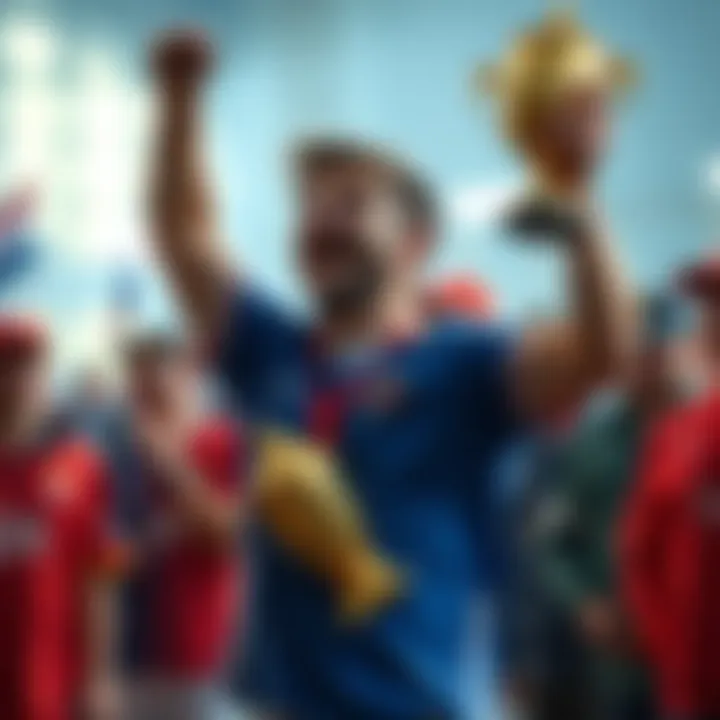 Brad celebrating a win with a trophy, surrounded by onlookers who appear indifferent.