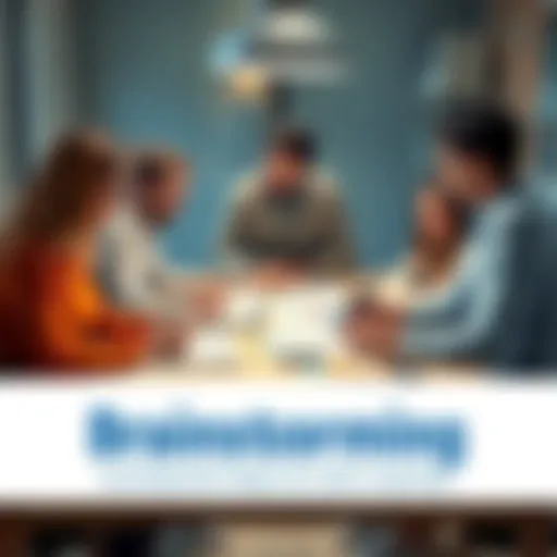 A group of people brainstorming ideas around a table with sketches and colorful notes