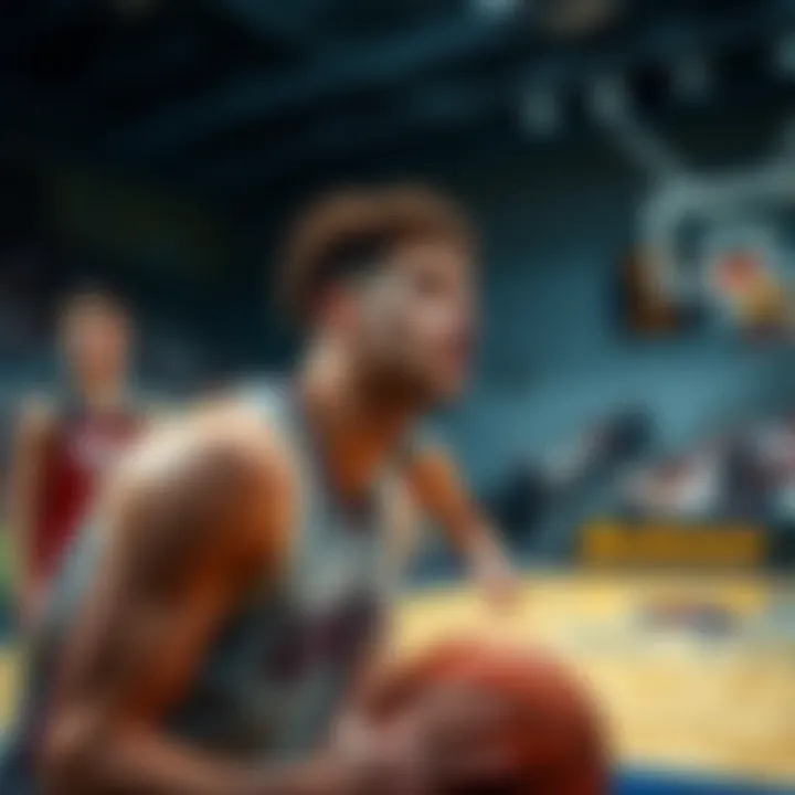 Brandin Pod playing basketball during a game, focused on the action with teammates nearby.