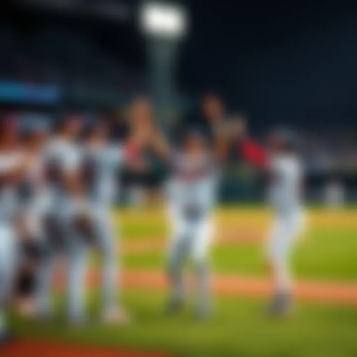 Atlanta Braves players celebrating a win on the field after a major league baseball game