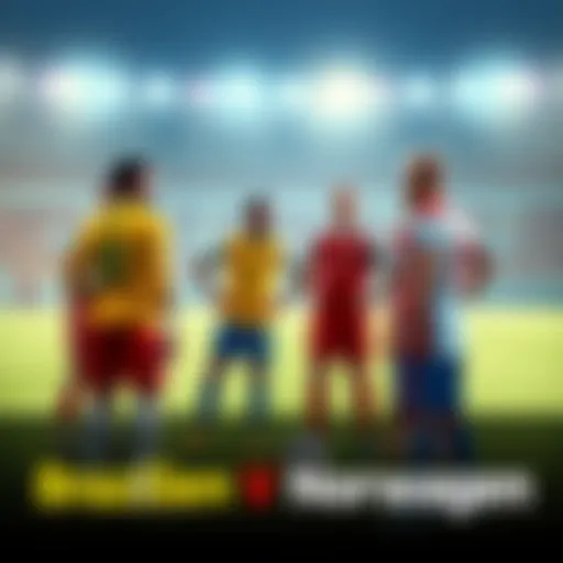 Two soccer teams preparing for a match, with Brazil's players in yellow and Norway's in red discussing strategies on the field.