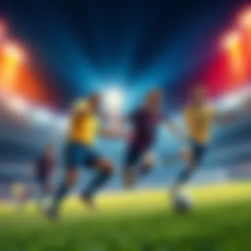 Soccer players from Brazil, Norway, Mexico, and England competing on the field in a vibrant stadium