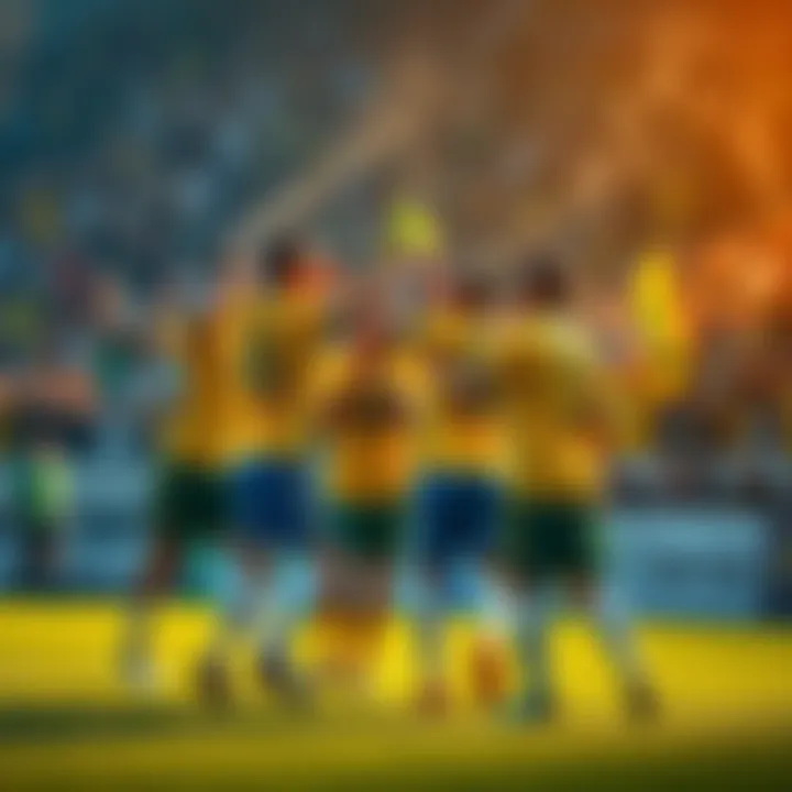 Brazilian soccer players celebrating a goal on the field, with cheering fans in the background