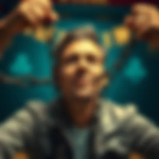 A person breaking free from chains symbolizing gambling addiction, with a hopeful expression, representing recovery and new beginnings.