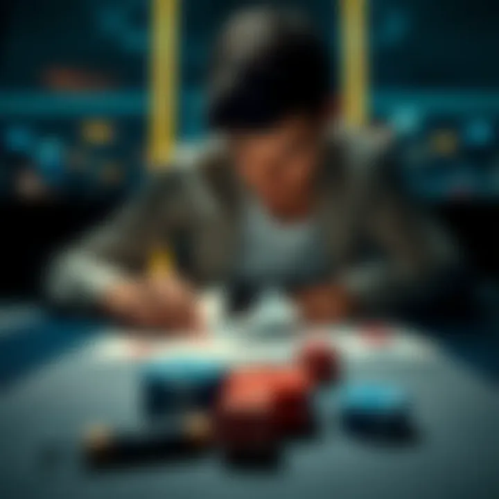 A person reflecting on their gambling habits at a table with playing cards and dice, showing signs of determination to change.