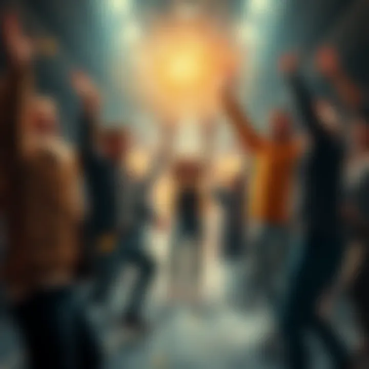 A group of people celebrating a significant achievement with excitement and joy, possibly in a festive atmosphere.