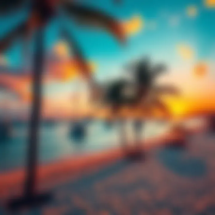 A scenic view of a beautiful beach at sunset with palm trees, ideal for vacations and adventures