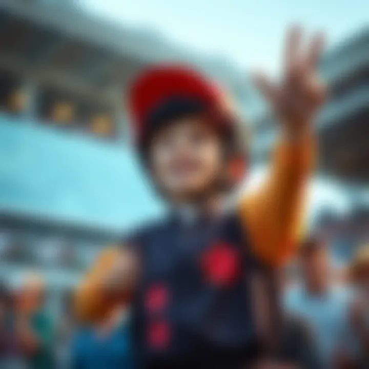 A young boy in a jockey outfit celebrating during the Breeders' Cup with Shisospicy in the background, capturing the excitement of the event.