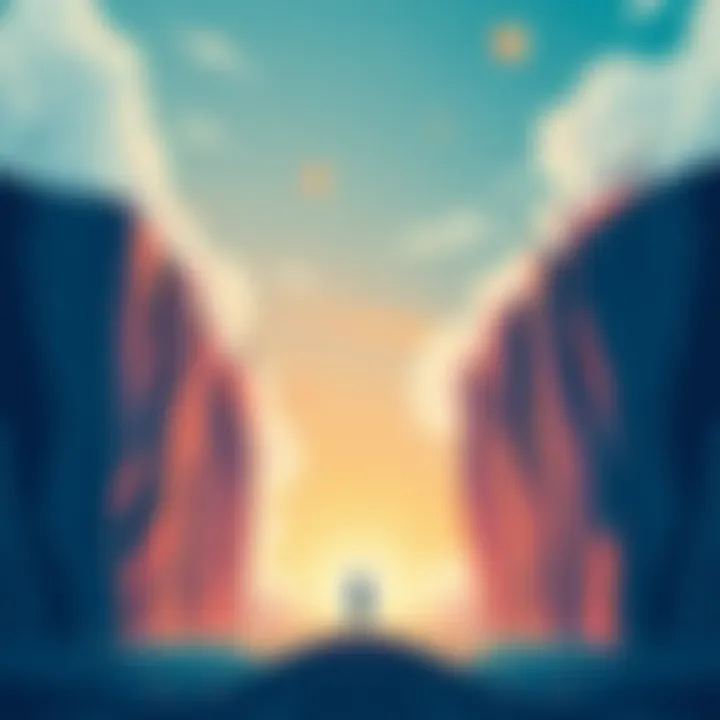 An illustration showing a person standing on one side of a gap looking towards another side where opportunities are visible, symbolizing the distance between achievable goals and potential.