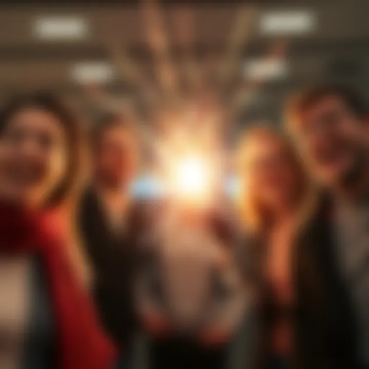 A group of people reacting with shock and laughter to a sudden bright flash of light, showing a mix of emotions