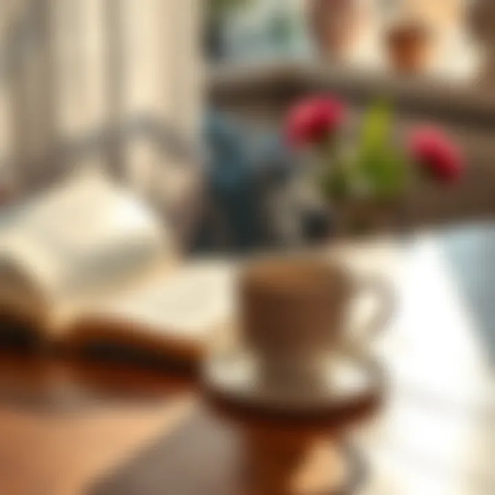 Cozy morning setup with a steaming cup of coffee next to an open book on a sunny table