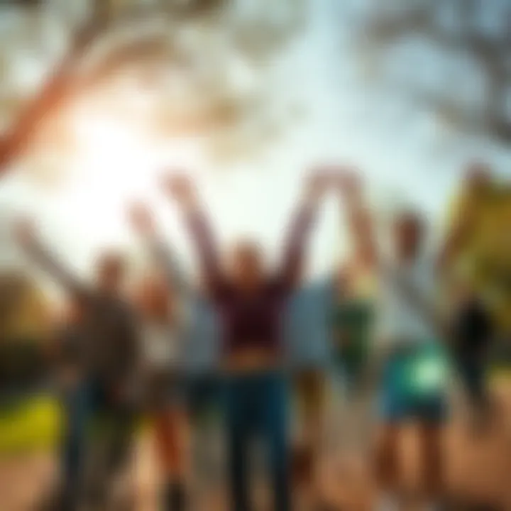 A group of happy people celebrating positive changes and new beginnings in a community park