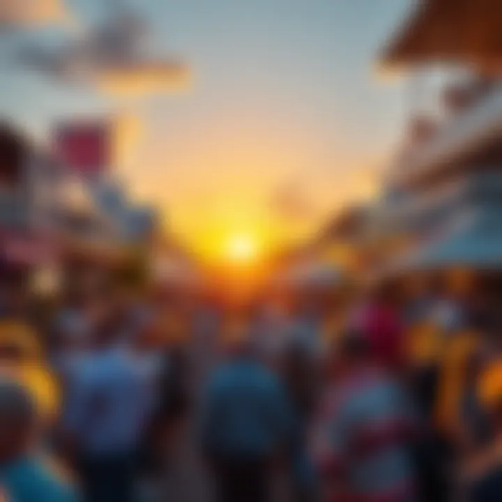 A vibrant sunrise in Ascot, with people gathering excitedly for the day's events.