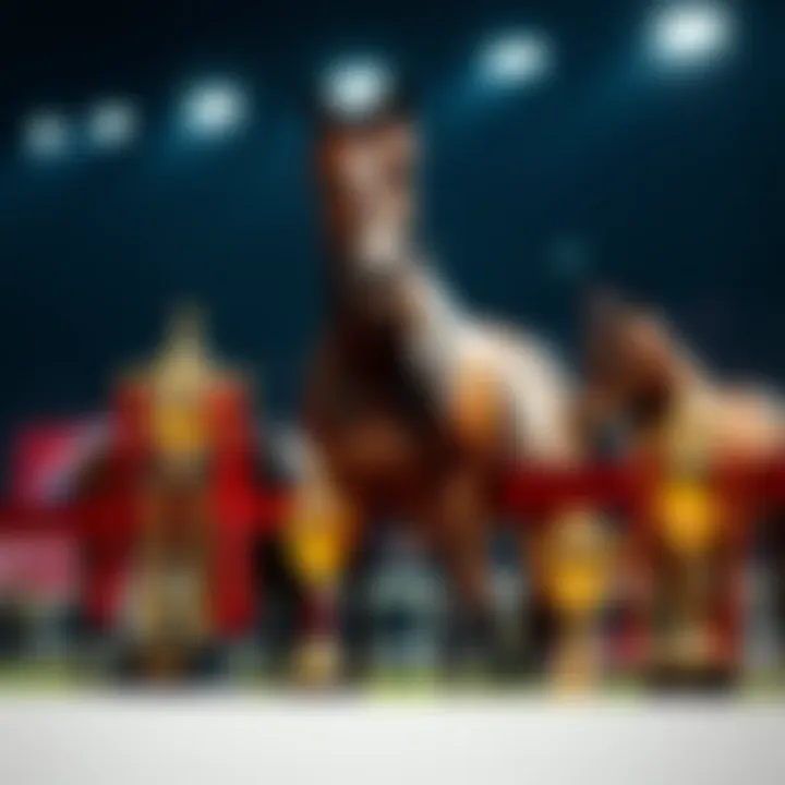 A proud British racehorse stands in a winner's circle, displaying its achievements with trophies for the four classic races it has won.