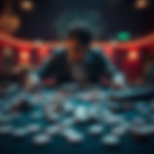 A person sitting at a table with empty wallets and gambling chips scattered, looking defeated and hopeless.