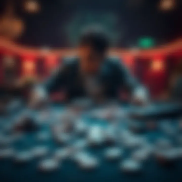 A person sitting at a table with empty wallets and gambling chips scattered, looking defeated and hopeless.