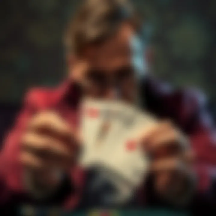 A former gambler looks distressed while holding empty playing cards, symbolizing loss and despair from gambling addiction.