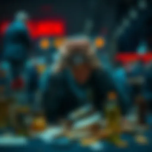 A despondent man with his head in his hands, surrounded by empty bottles and gambling tickets, representing loss and despair.