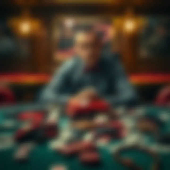 A man looks defeated at a table scattered with empty wallets and bills, reflecting on his gambling losses