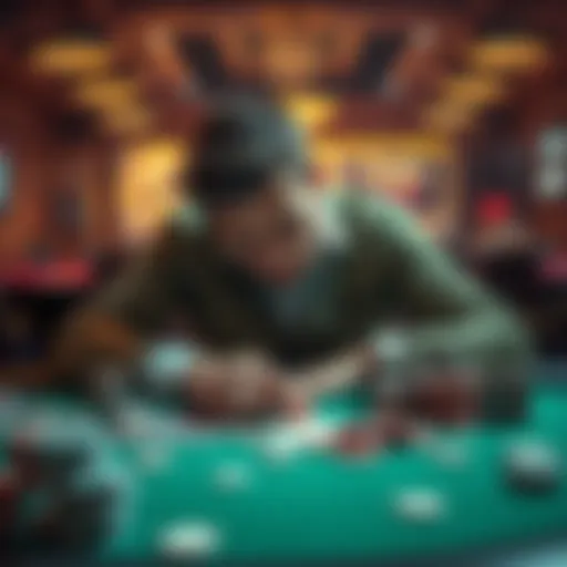 A broken man at a gambling table A 30-year-old man sits defeated at a gambling table, surrounded by empty chips and cards, looking hopeless and burdened by debt.