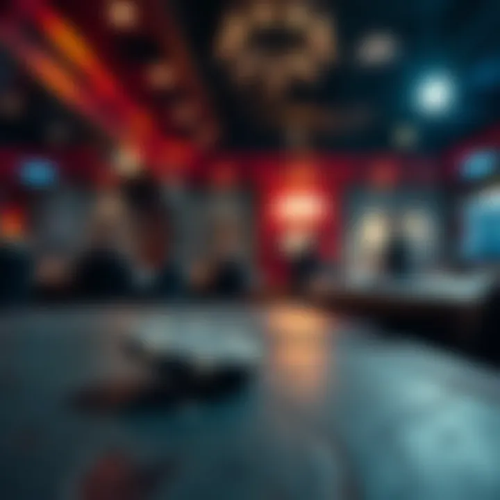 A close-up of a broken poker chip lying on a worn table, symbolizing lost hope in gambling, with a blurred background of empty chairs and a dimly lit casino atmosphere.